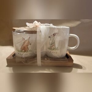 Rae Dunn Bunny Rabbits “Hop To It” “hip Hop” cream & sugar set with Wooden Tray